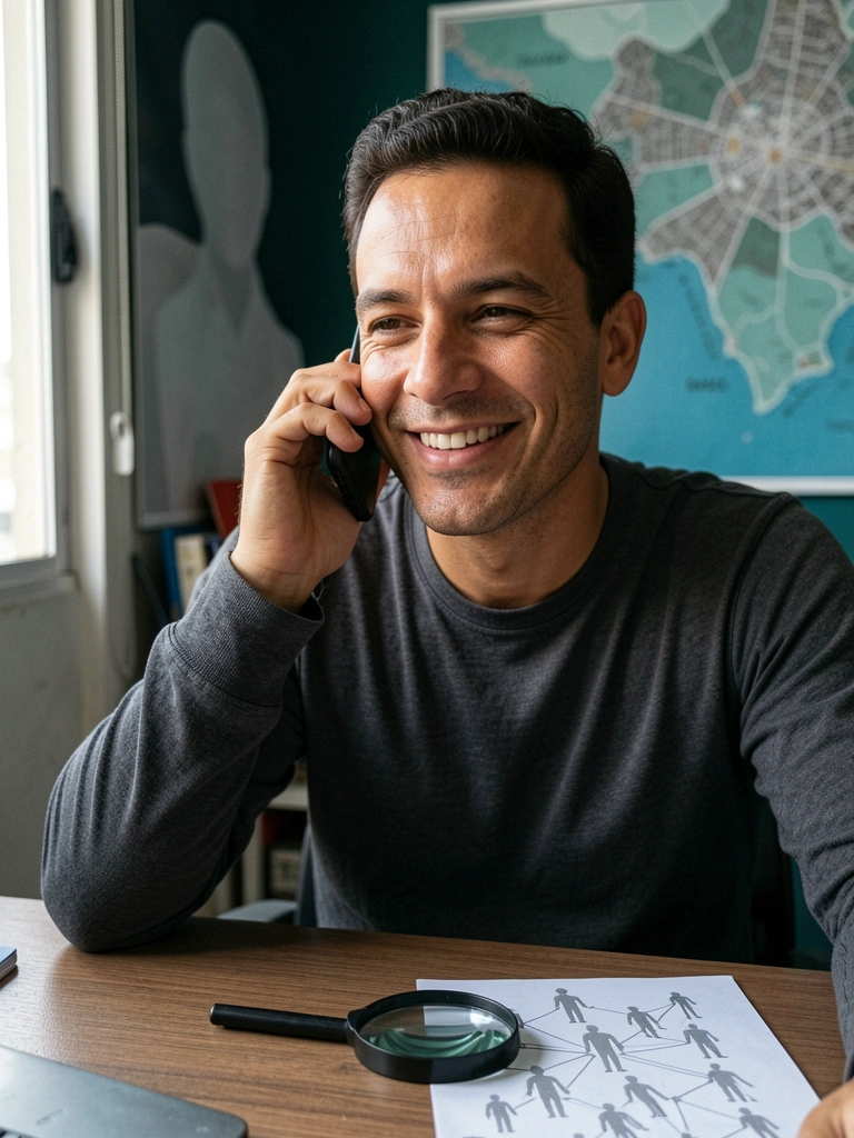 Profissional autônomo ao telefone em seu escritório, com mapa da cidade de São Paulo ao fundo