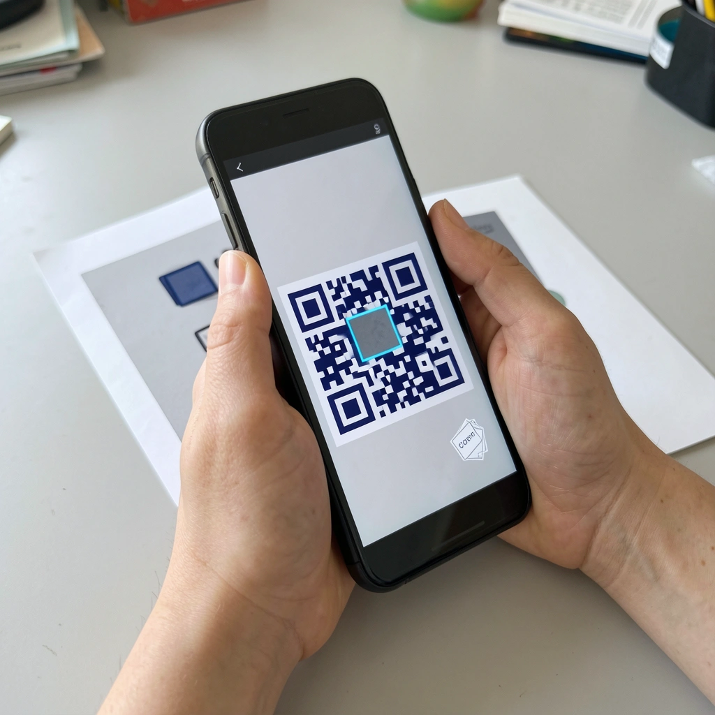 Smartphone exibindo QR Code na tela, apontado para anúncio impresso sobre uma mesa