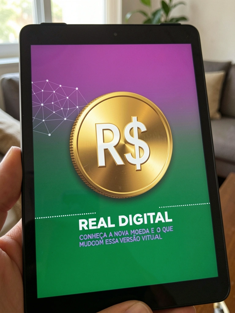 Moeda digital com símbolo do Real e cadeia de blockchain ao fundo