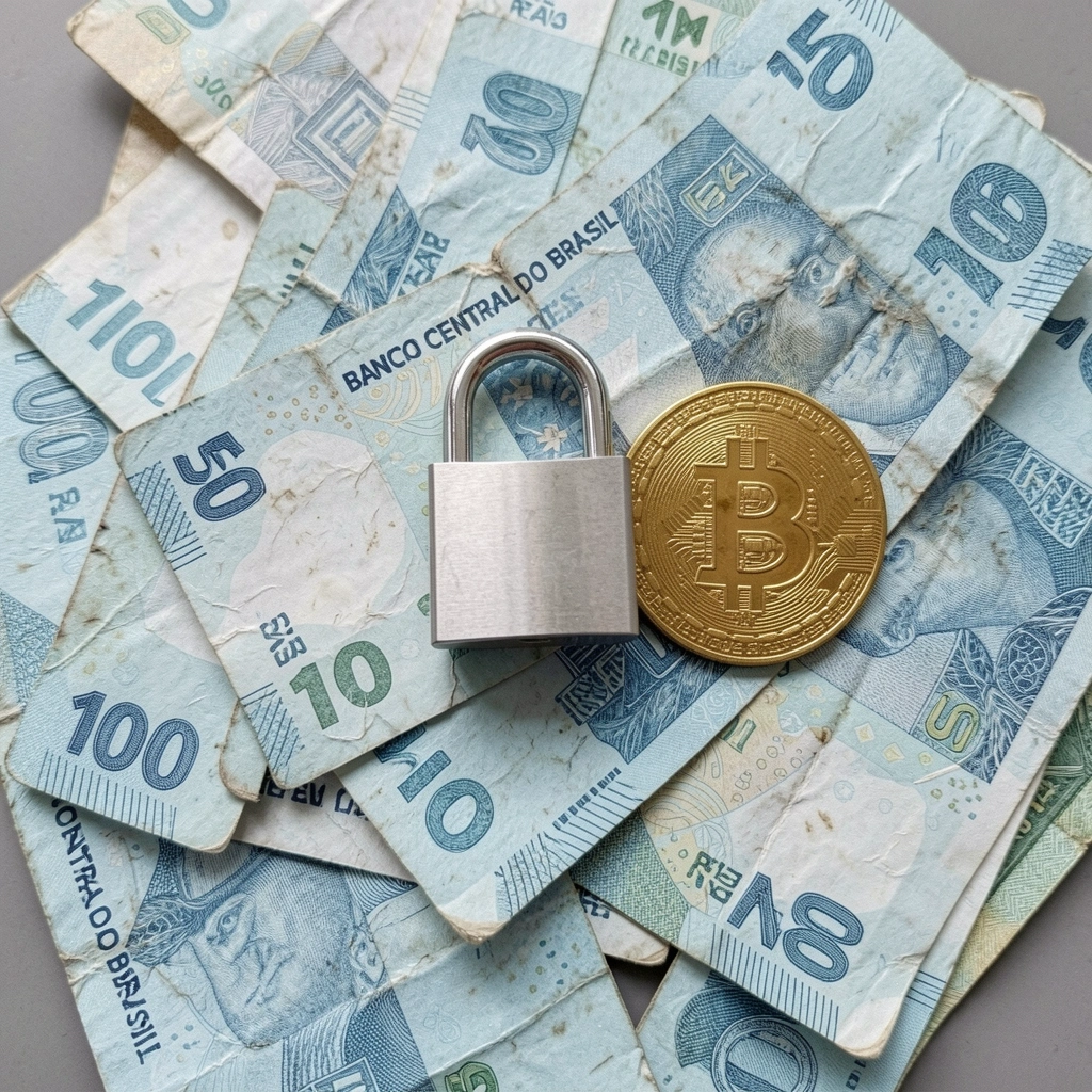 Símbolo do Bitcoin ao lado do símbolo do Real Digital, com um cadeado sobreposto ao Real Digital