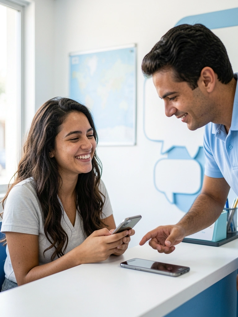 Cliente sorrindo enquanto conversa com vendedor atencioso em loja
