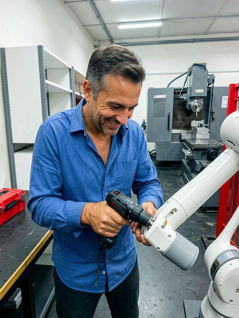 Homem e robô colaborativo montando peças em linha de produção industrial