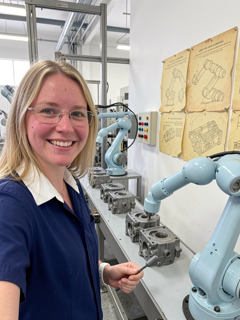 Desenhos técnicos de um robô colaborativo em papel amarelado, com linhas e anotações visíveis