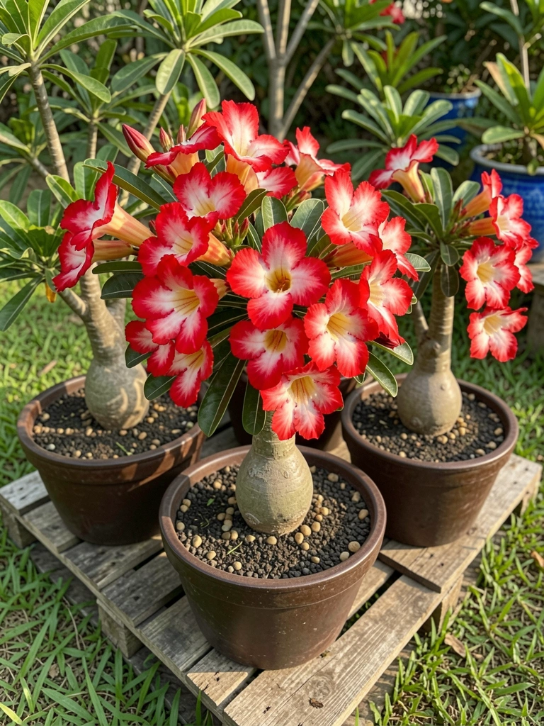 Vasos de cerâmica marrom escura com rosas do deserto vermelhas e brancas sobre palete de madeira desgastado, iluminação natural.