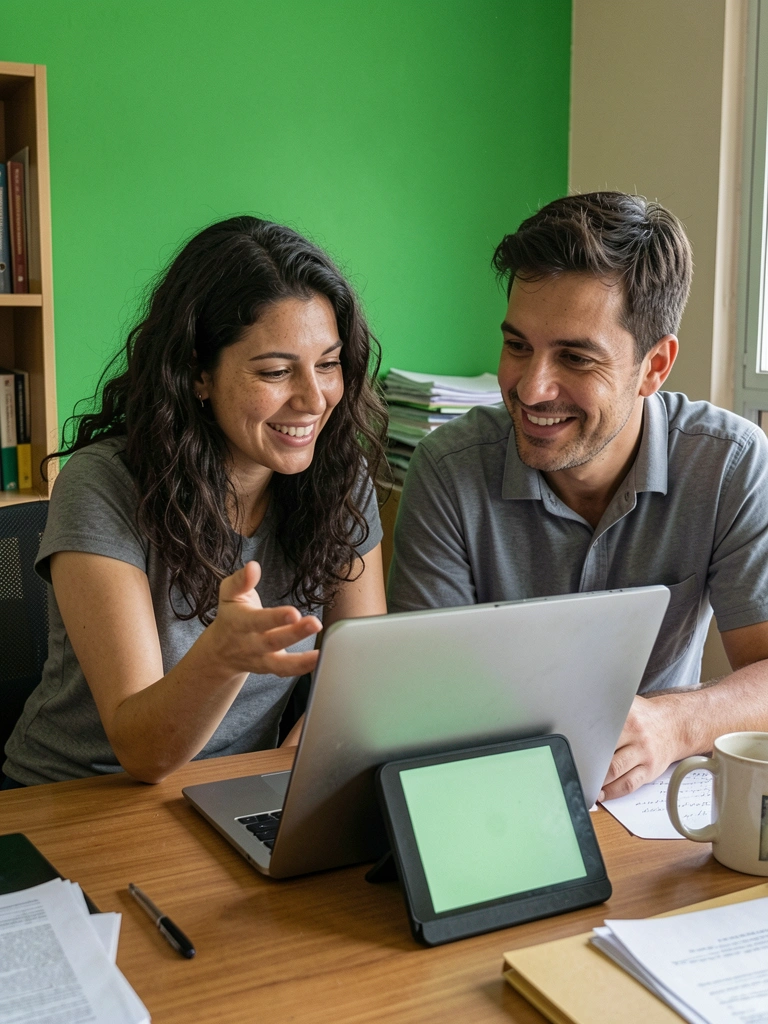 Dois homens conversando em uma mesa com notebook aberto e tablet ao lado