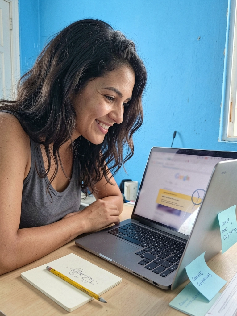 Mãos sobre teclado de notebook com tela exibindo campo de busca do Google aberto