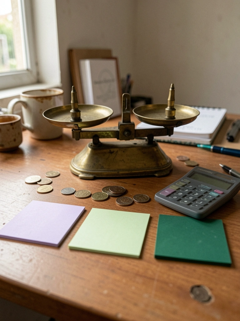 Balança de dois pratos equilibrada, com moedas de um lado e calculadora ao fundo sobre mesa clara.