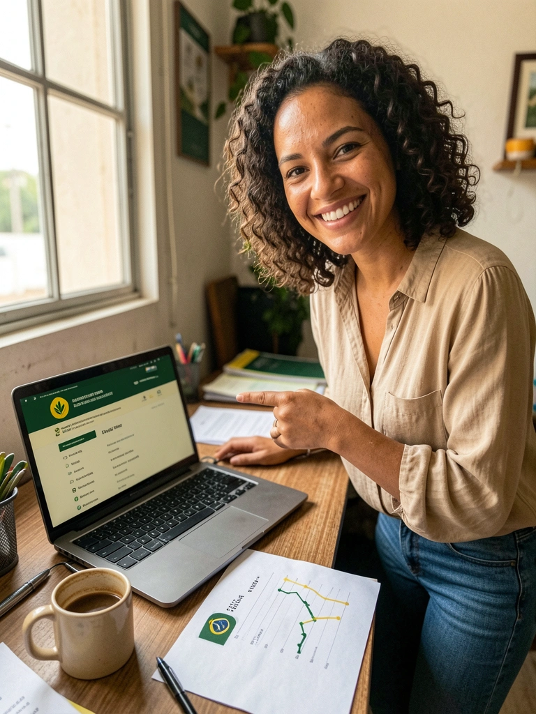 Empreendedor sorridente em pé ao lado de gráfico de redução de impostos