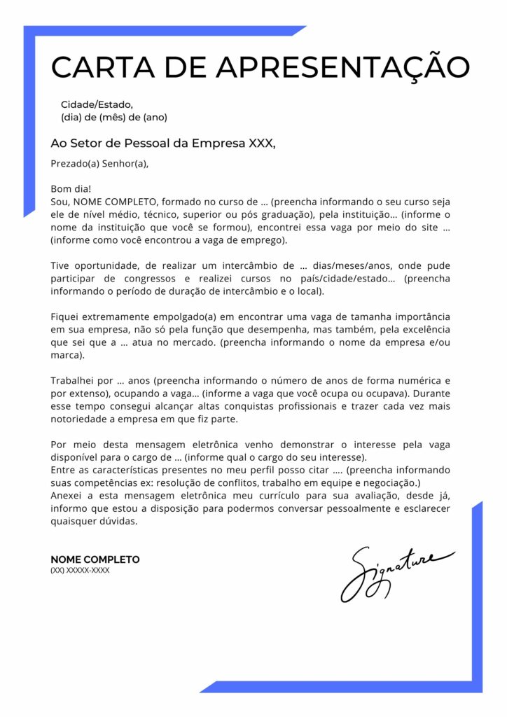 carta de apresentação pronta para copiar e colar