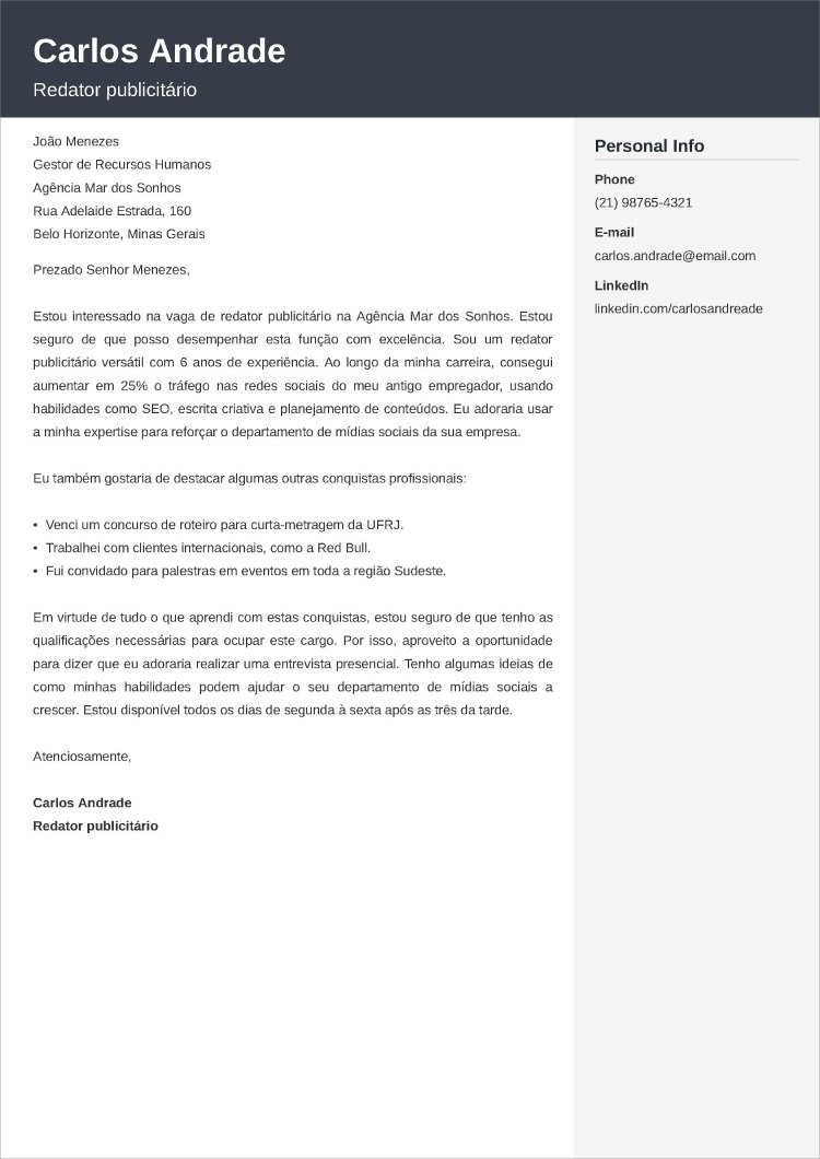 modelos de carta de apresentação para imprimir