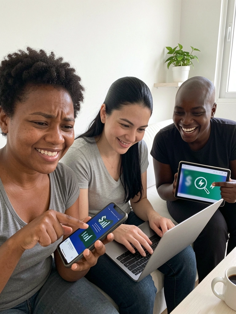 Mãos tocando anúncios em smartphone e notebook, com ícones de clique e setas