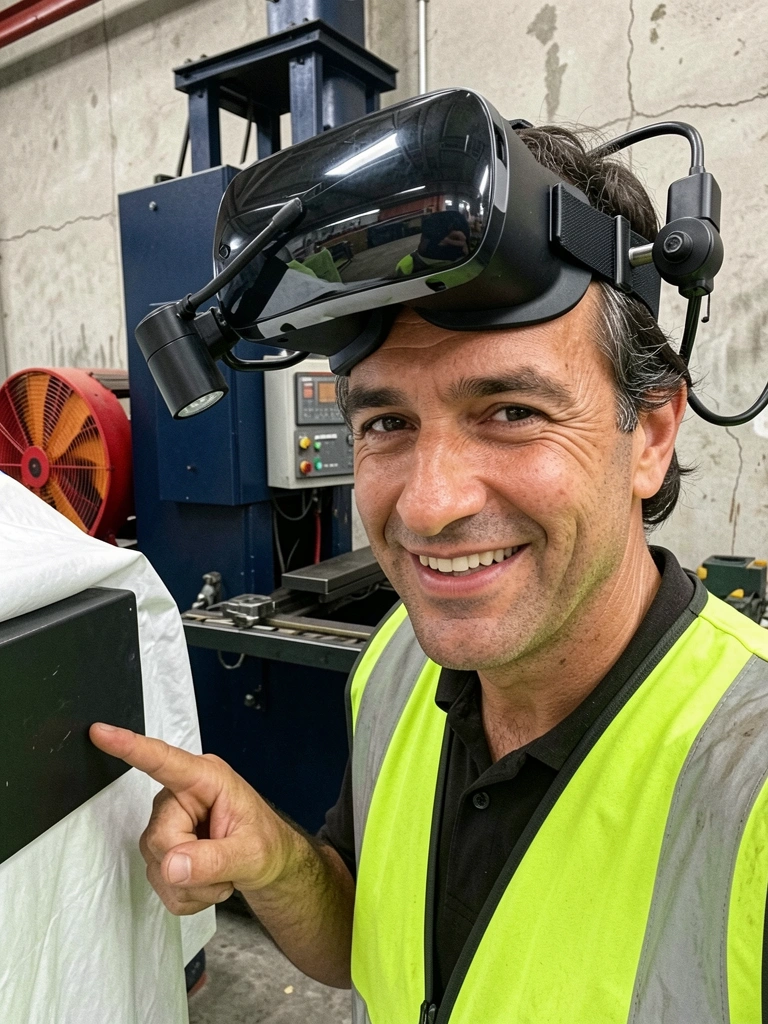 Profissional com óculos VR em ambiente industrial, fundo desfocado