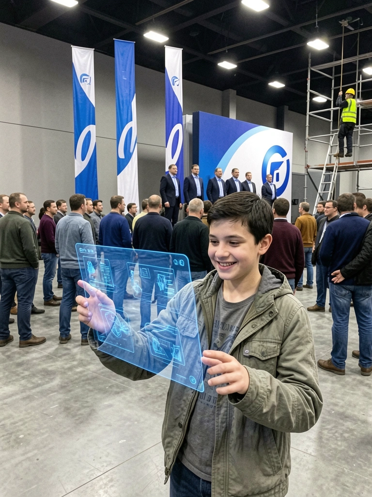 Mãos de um aprendiz tocando um painel virtual com simulação 3D em ambiente escuro