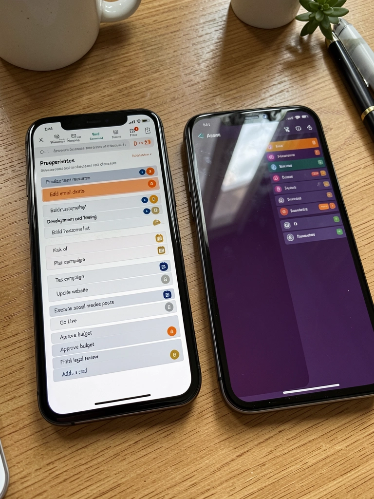 Interfaces do Trello e Asana lado a lado em monitores diferentes.