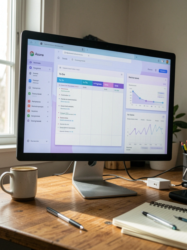 Interface do Asana exibindo um dashboard com gráficos de barras e listas de tarefas em colunas.