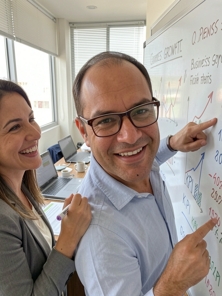 Executivos apontando para gráficos e metas em uma lousa branca durante reunião