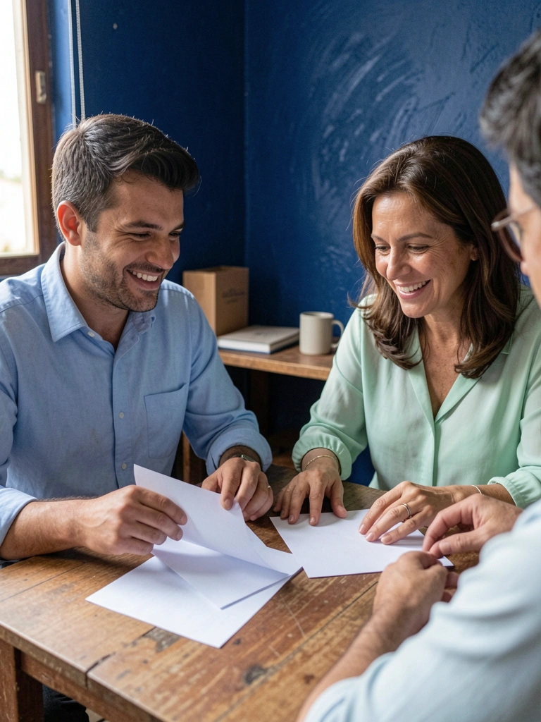 Dois empreendedores analisam documentos em uma mesa de escritório, um deles aponta para uma planilha enquanto o outro segura uma caneta.
